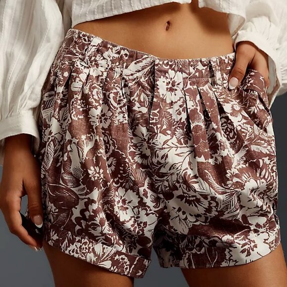 Anthropologie Printed Pleated Shorts In Brown And White Floral Size XS NWT - Picture 3 of 15
